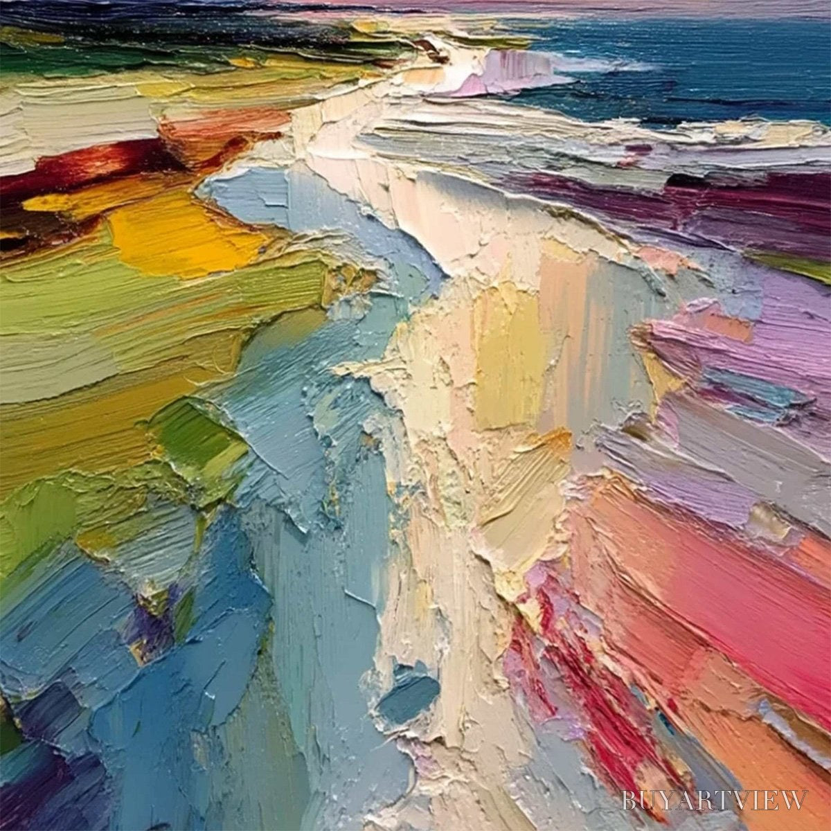 BUYARTVIEW Coastal Embrace – Textured Vertical Coastal Landscape Impasto Painting - image 5