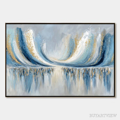 BUYARTVIEW Coastal Echoes – Abstract Gold & Blue Textured Seascape Painting - image 1