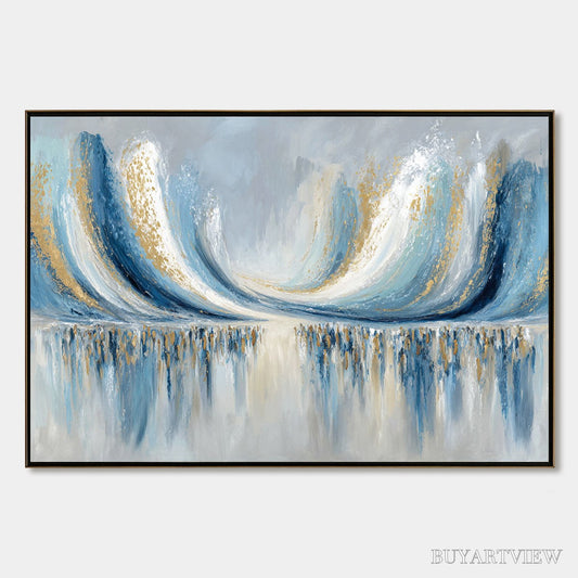 BUYARTVIEW Coastal Echoes – Abstract Gold & Blue Textured Seascape Painting - image 1
