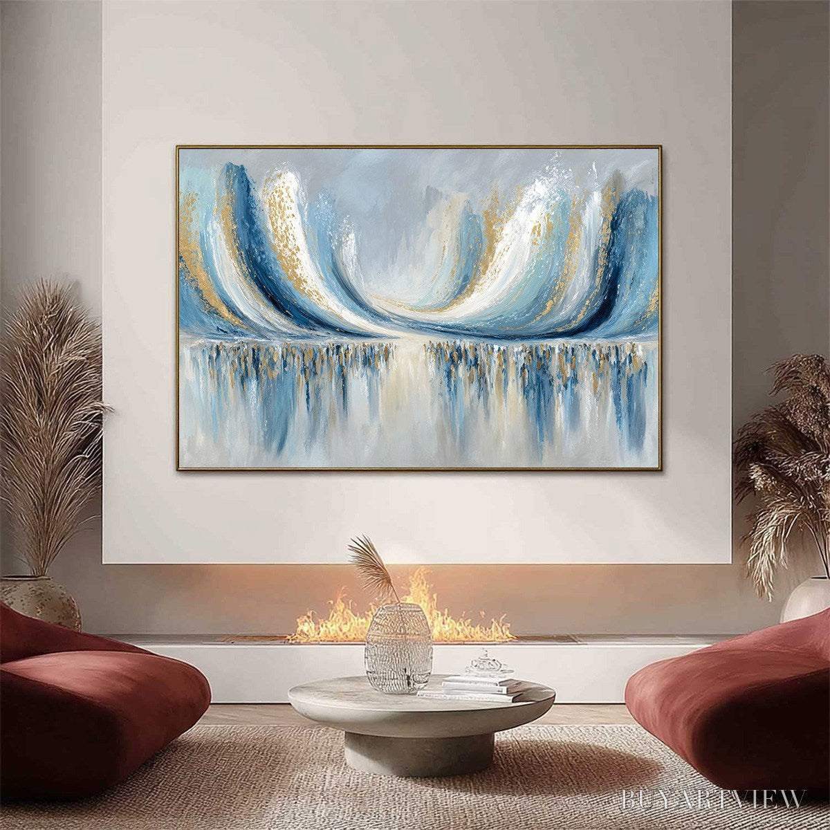 BUYARTVIEW Coastal Echoes – Abstract Gold & Blue Textured Seascape Painting - image 2