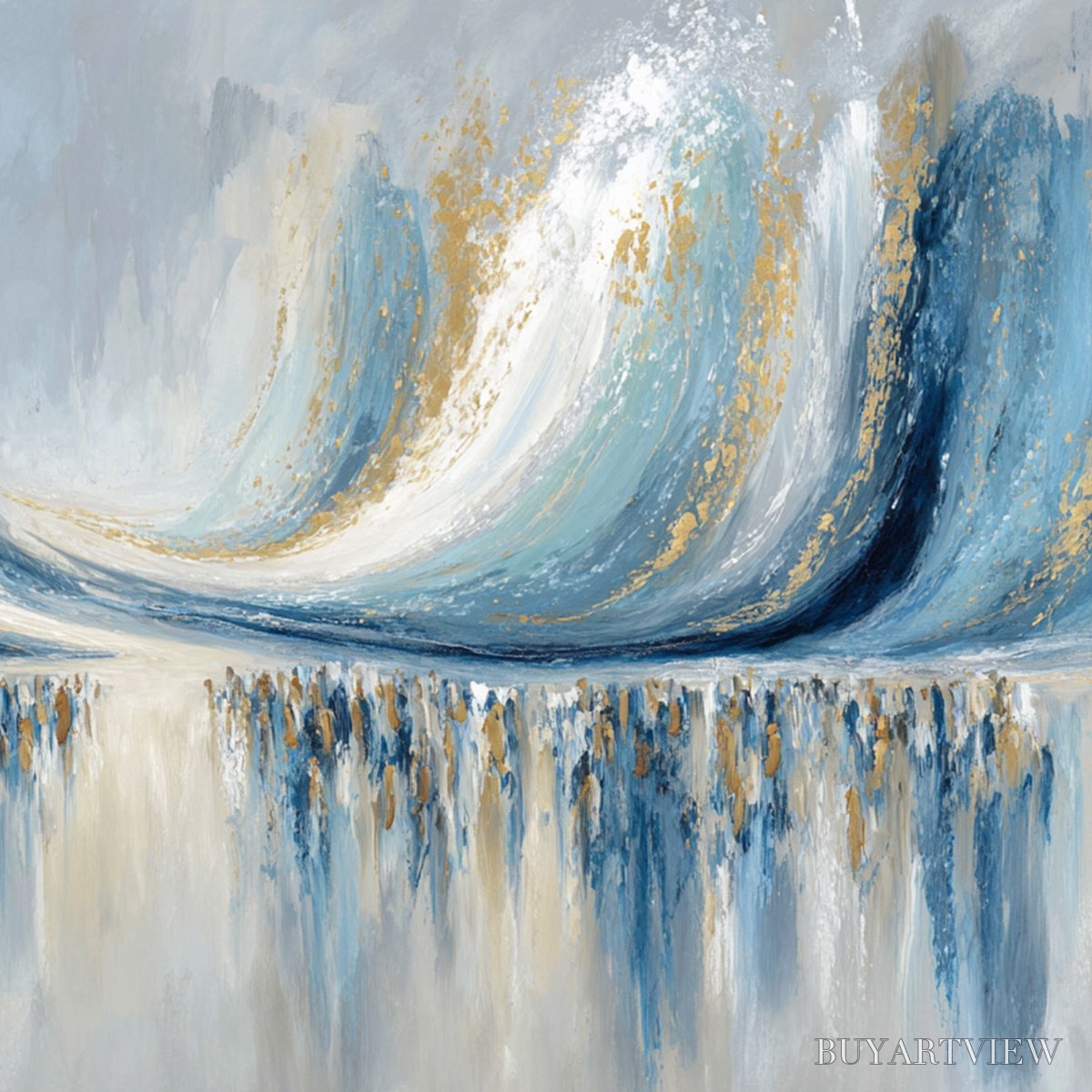 BUYARTVIEW Coastal Echoes – Abstract Gold & Blue Textured Seascape Painting - image 3