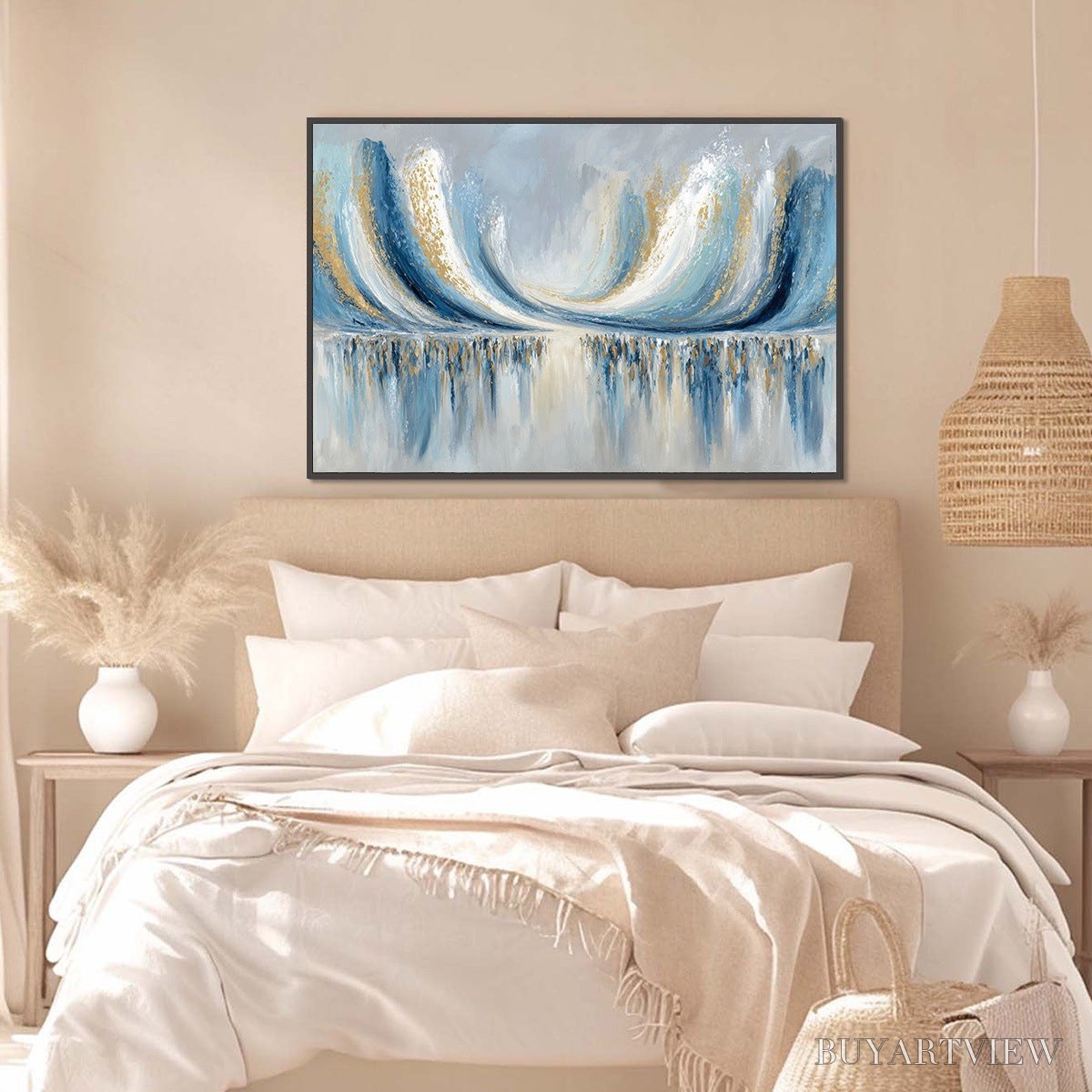 BUYARTVIEW Coastal Echoes – Abstract Gold & Blue Textured Seascape Painting - image 4