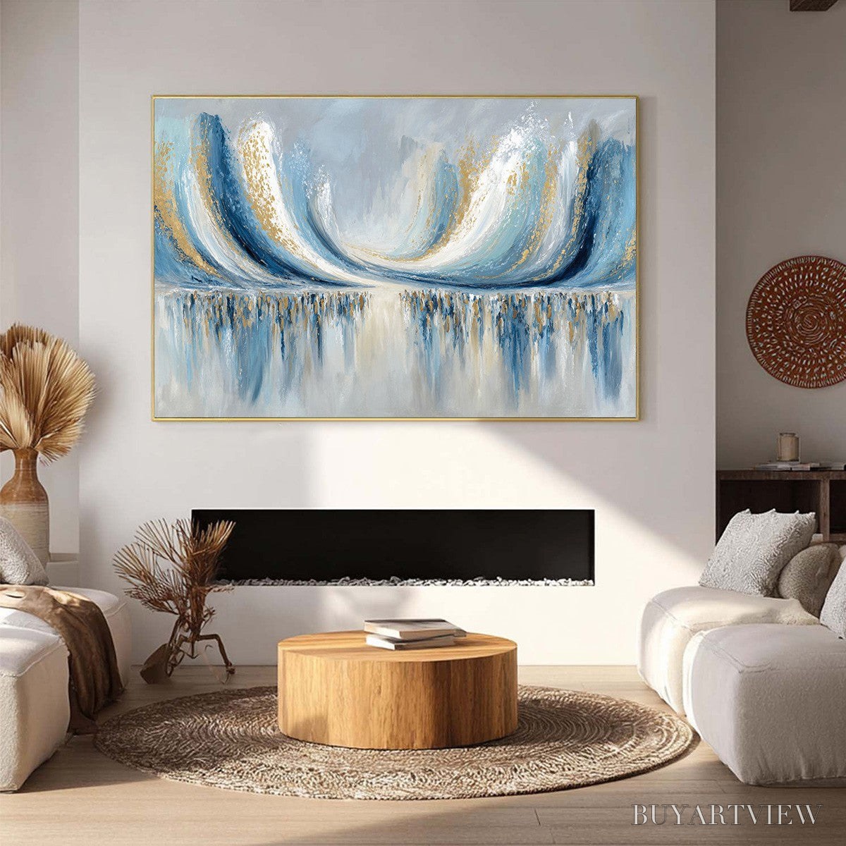 BUYARTVIEW Coastal Echoes – Abstract Gold & Blue Textured Seascape Painting - image 6