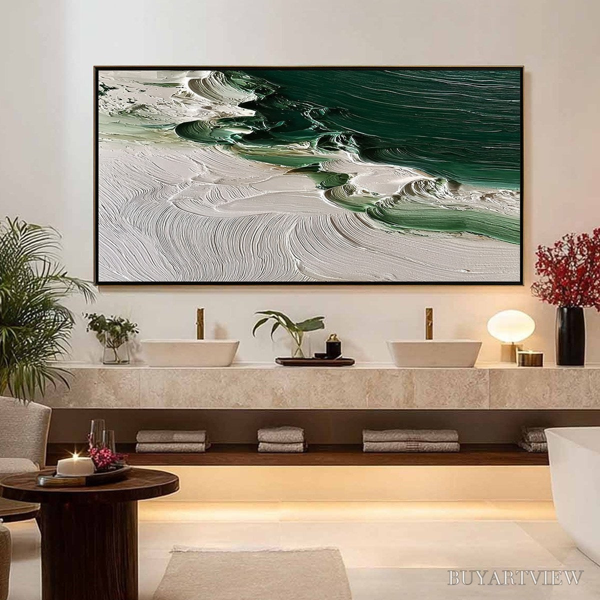 BUYARTVIEW Emerald Tide – Textured Green and White Wabi Sabi Abstract Painting - image 2