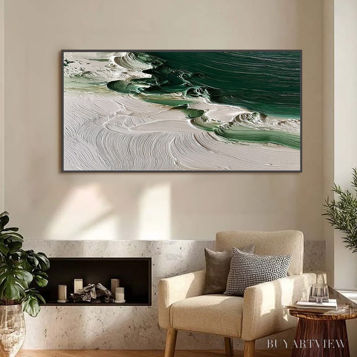 BUYARTVIEW Emerald Tide – Textured Green and White Wabi Sabi Abstract Painting - image 4