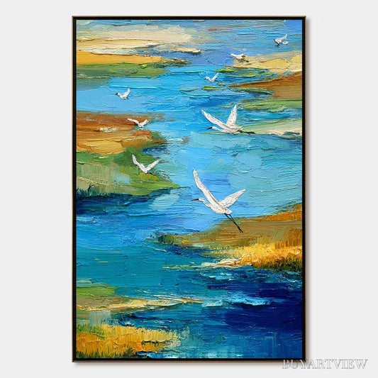BUYARTVIEW Aquamarine Sojourn – Textured Impasto Coastal Landscape Painting with Birds - image 1