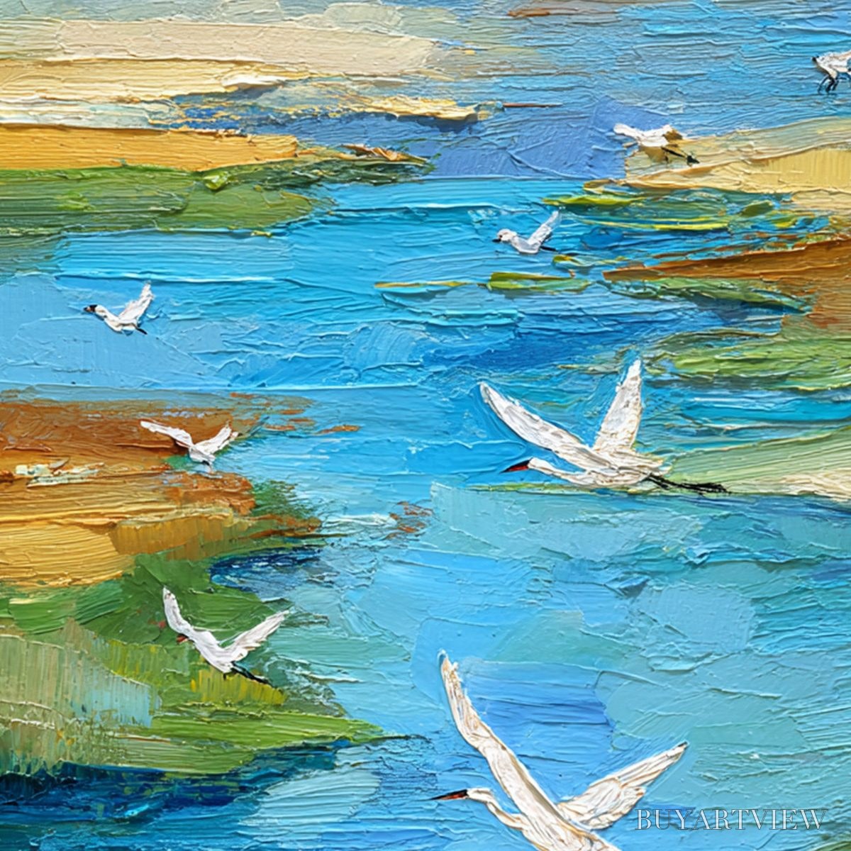 BUYARTVIEW Aquamarine Sojourn – Textured Impasto Coastal Landscape Painting with Birds - image 5
