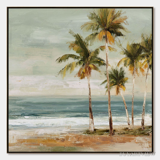 BUYARTVIEW Coastal Whisper – Wabi Sabi Palm Tree Beach & Sea Painting - image 1