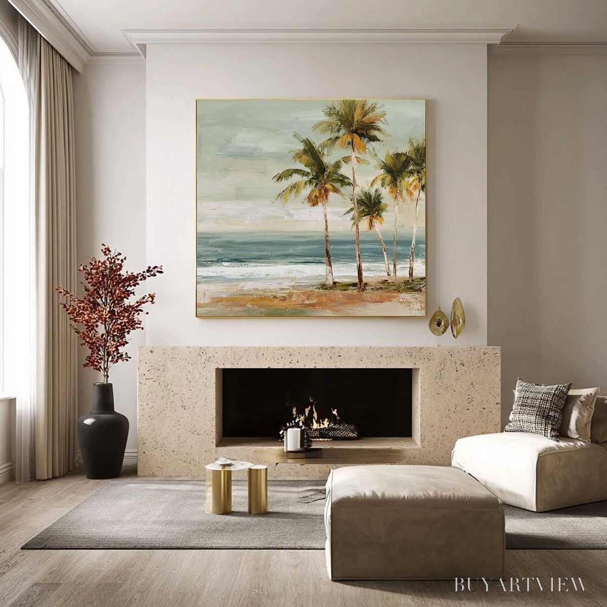 BUYARTVIEW Coastal Whisper – Wabi Sabi Palm Tree Beach & Sea Painting - image 2