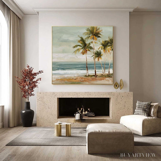 BUYARTVIEW Coastal Whisper – Wabi Sabi Palm Tree Beach & Sea Painting - image 2
