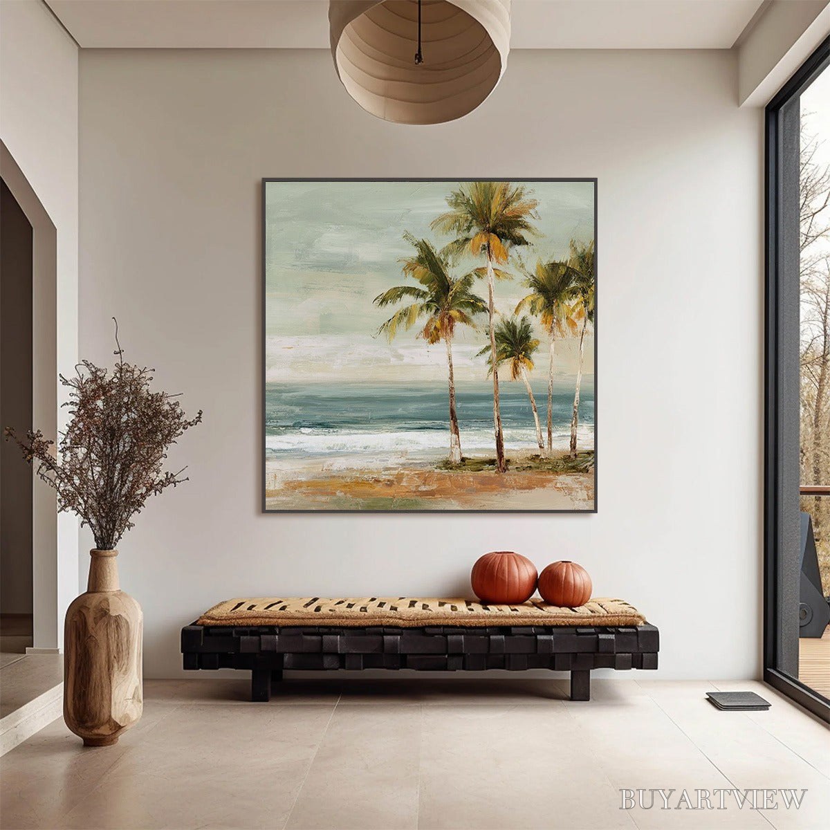 BUYARTVIEW Coastal Whisper – Wabi Sabi Palm Tree Beach & Sea Painting - image 4