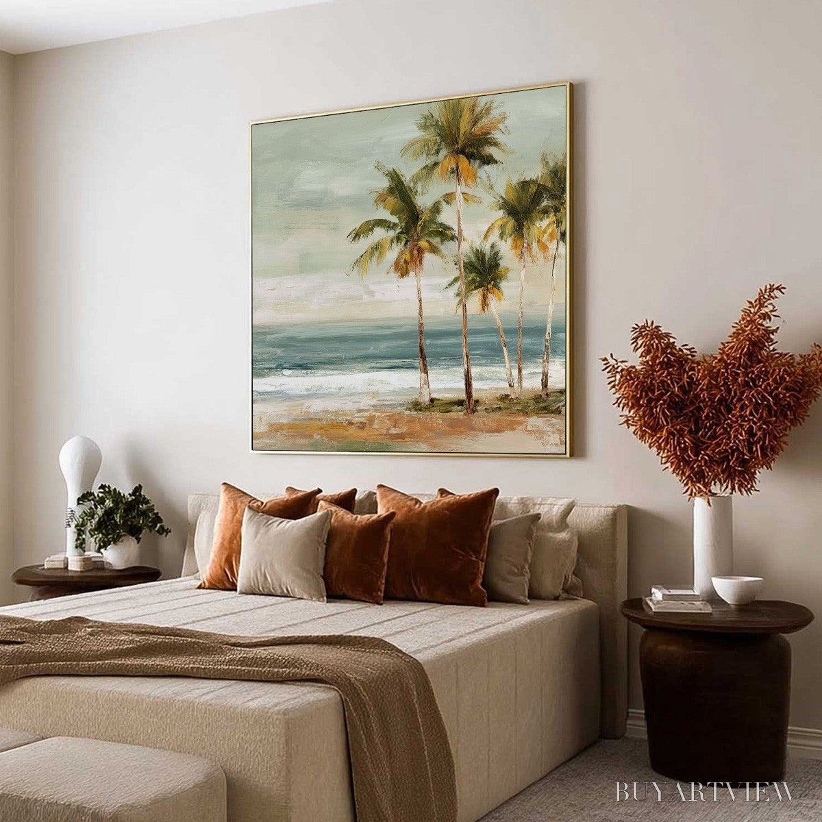BUYARTVIEW Coastal Whisper – Wabi Sabi Palm Tree Beach & Sea Painting - image 6