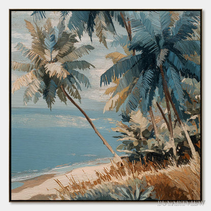 BUYARTVIEW Cerulean Shore – Textured Impasto Palm Tree Beach Painting - image 1
