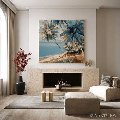 BUYARTVIEW Cerulean Shore – Textured Impasto Palm Tree Beach Painting - image 2