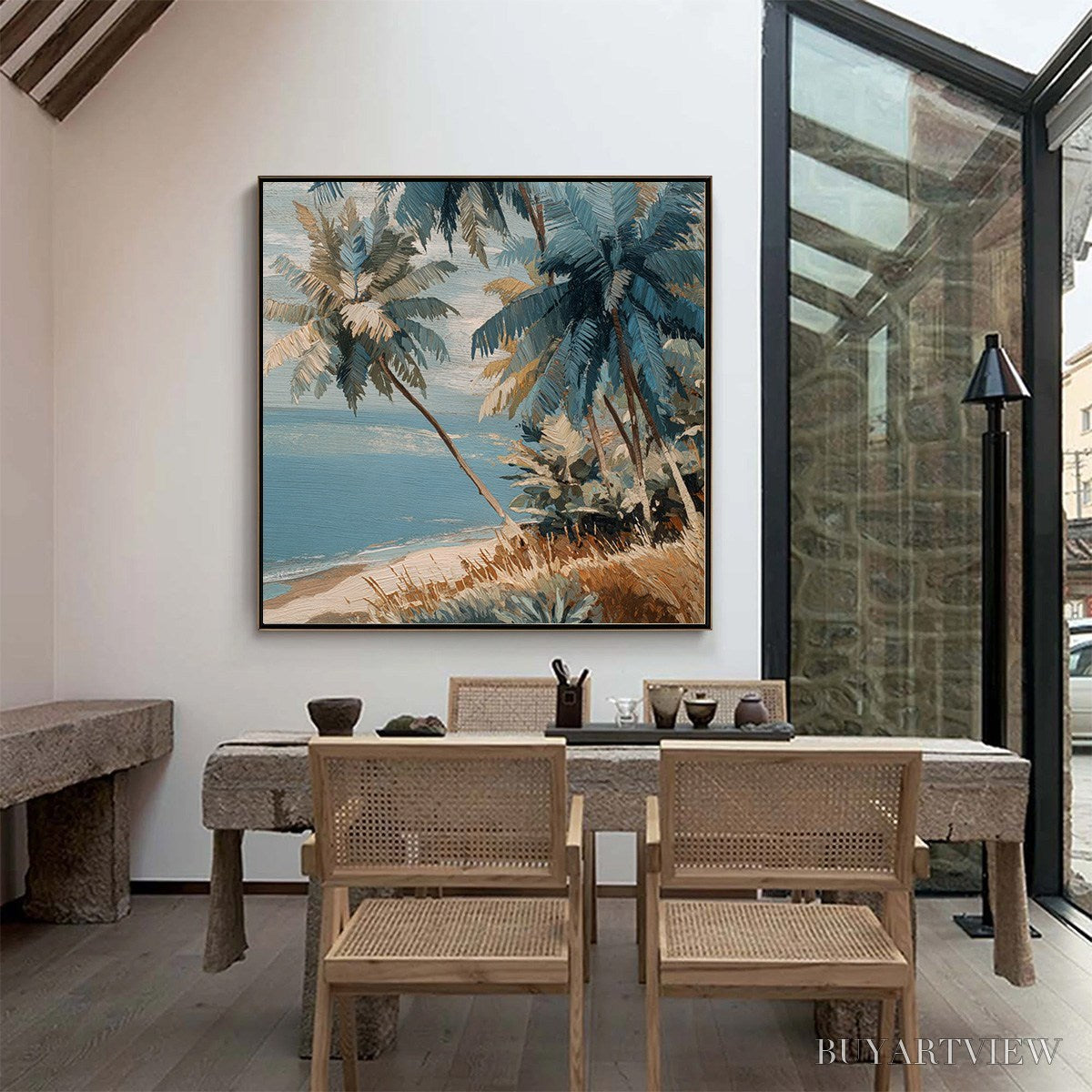 BUYARTVIEW Cerulean Shore – Textured Impasto Palm Tree Beach Painting - image 6
