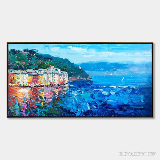 BUYARTVIEW Azure Riviera – Palette Knife Coastal Seascape Oil Painting - image 1