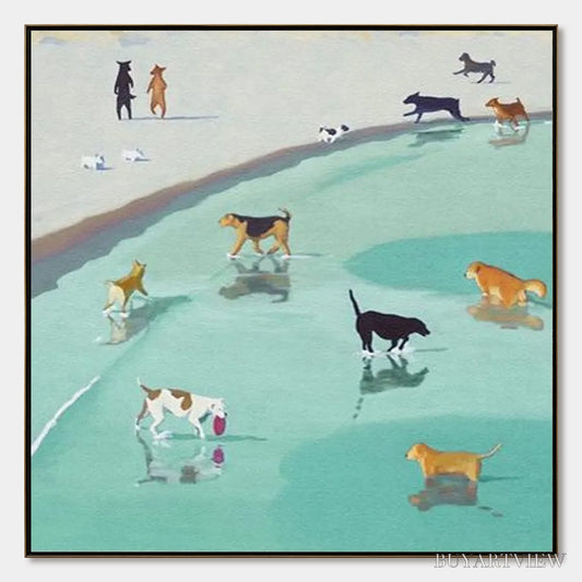 BUYARTVIEW Paws At Tide – Minimalist Dog Beach Scene Oil Painting - image 1