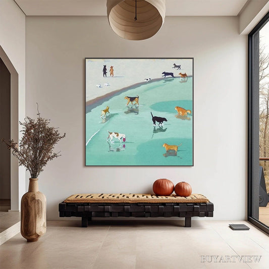 BUYARTVIEW Paws At Tide – Minimalist Dog Beach Scene Oil Painting - image 2