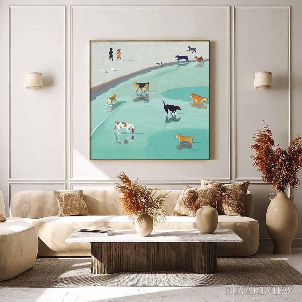 BUYARTVIEW Paws At Tide – Minimalist Dog Beach Scene Oil Painting - image 4