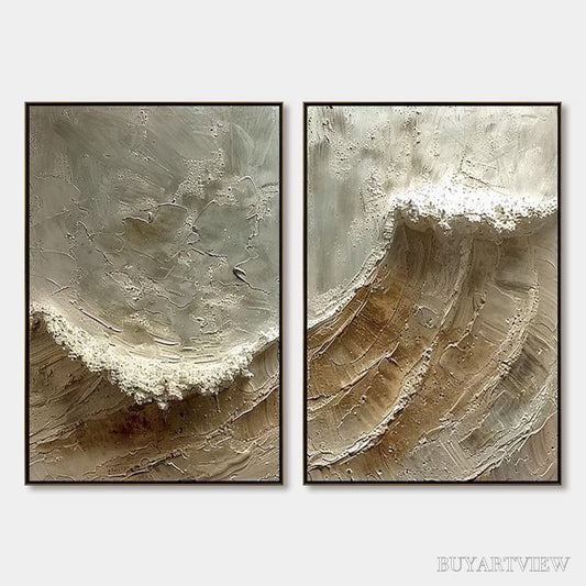 BUYARTVIEW Tidal Whisper – Textured Wabi Sabi Coastal Diptych Oil Painting - image 1