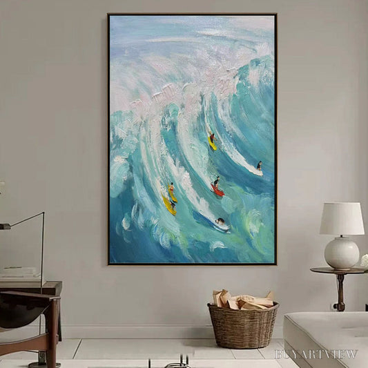 BUYARTVIEW Ready to Ship | Catching the Wave – Vertical Surfer Ocean Painting - image 1