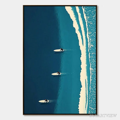 BUYARTVIEW Ocean'S Three – Minimalist Aerial Surfing Scene Oil Painting - image 1