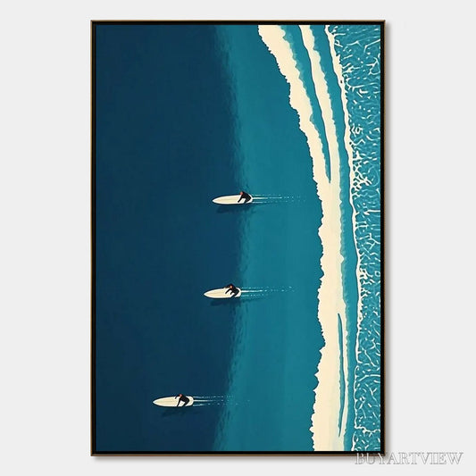 BUYARTVIEW Ocean'S Three – Minimalist Aerial Surfing Scene Oil Painting - image 1