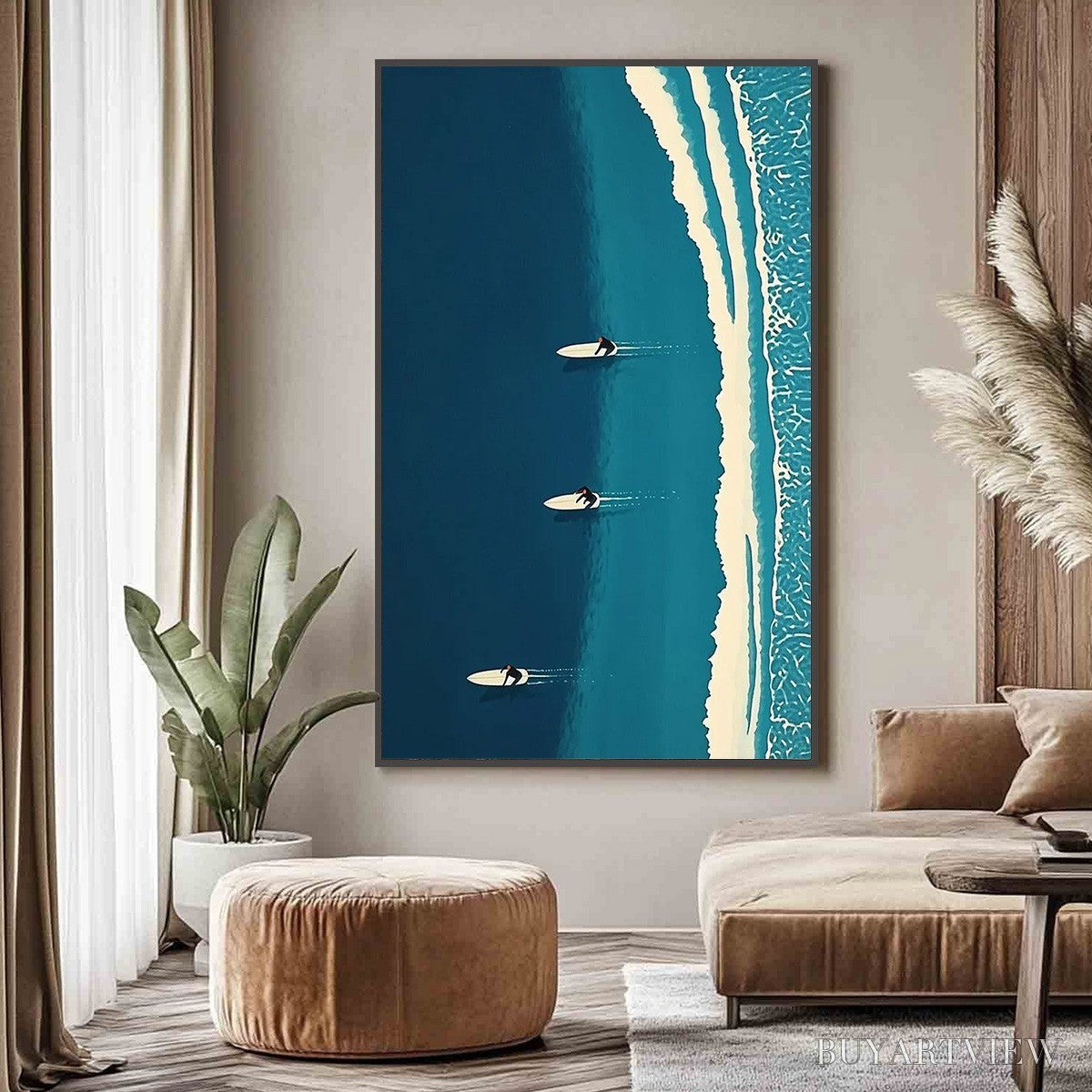 BUYARTVIEW Ocean'S Three – Minimalist Aerial Surfing Scene Oil Painting - image 2