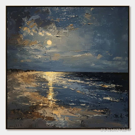 BUYARTVIEW Moonlit Serenity – Impressionist Coastal Night Oil Painting - image 1
