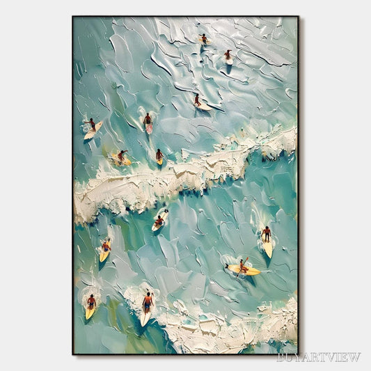 BUYARTVIEW Surf'S Up – Textured Aerial View of Surfers Oil Painting - image 1