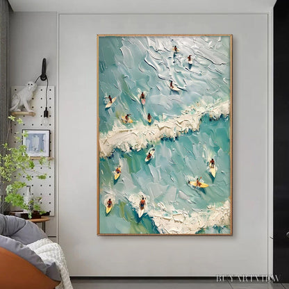 BUYARTVIEW Surf'S Up – Textured Aerial View of Surfers Oil Painting - image 2