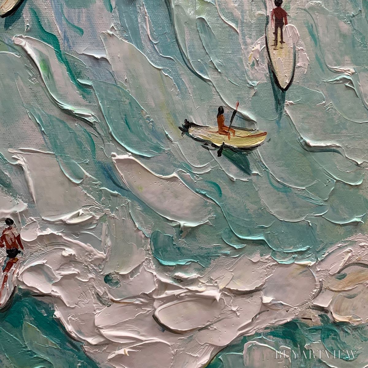 BUYARTVIEW Surf'S Up – Textured Aerial View of Surfers Oil Painting - image 3