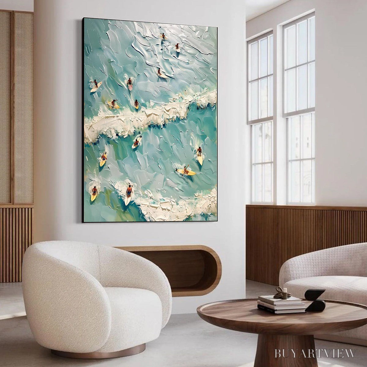 BUYARTVIEW Surf'S Up – Textured Aerial View of Surfers Oil Painting - image 4