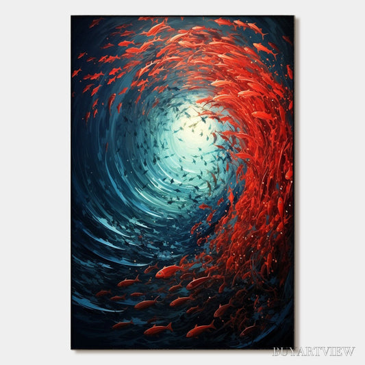 BUYARTVIEW Oceanic Dance – Abstract Swirling Fish Oil Painting - image 1
