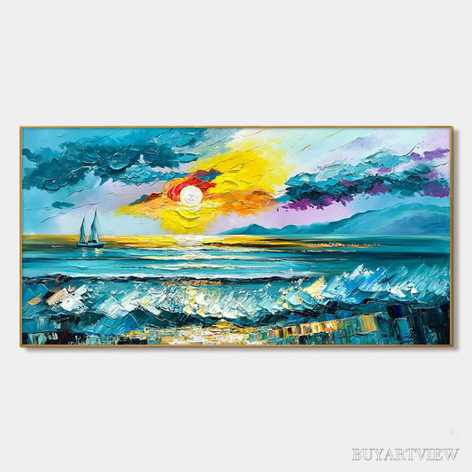 BUYARTVIEW Golden Horizon – Vibrant Sunset Seascape Oil Painting - image 1