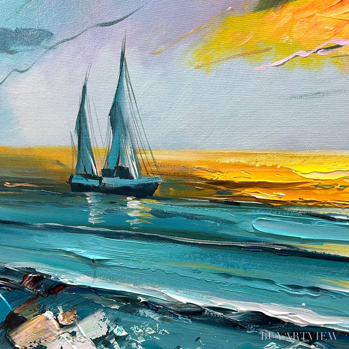 BUYARTVIEW Golden Horizon – Vibrant Sunset Seascape Oil Painting - image 5