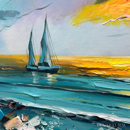 BUYARTVIEW Golden Horizon – Vibrant Sunset Seascape Oil Painting - image 5