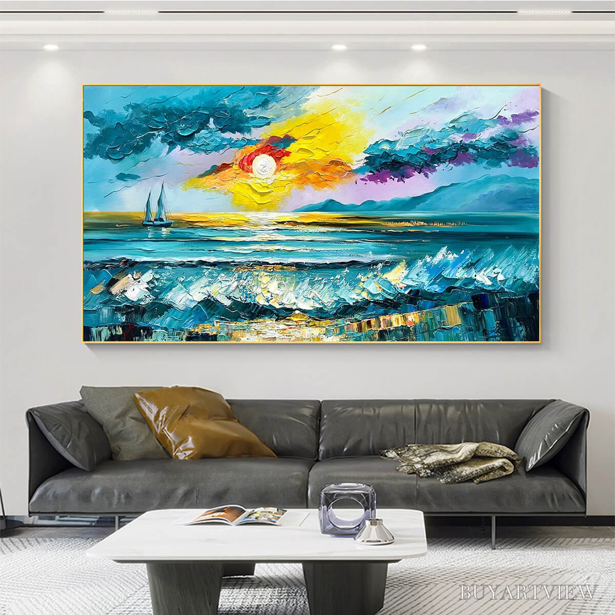 BUYARTVIEW Golden Horizon – Vibrant Sunset Seascape Oil Painting - image 6