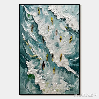 BUYARTVIEW Catching the Wave – Ocean Surfers Impasto Oil Painting on Canvas - image 1