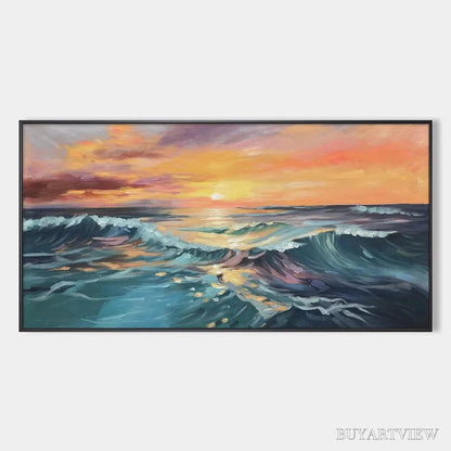 BUYARTVIEW Ocean'S Embrace – Panoramic Ocean Sunset Painting in Teal and Orange - image 1