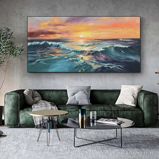 BUYARTVIEW Ocean'S Embrace – Panoramic Ocean Sunset Painting in Teal and Orange - image 2