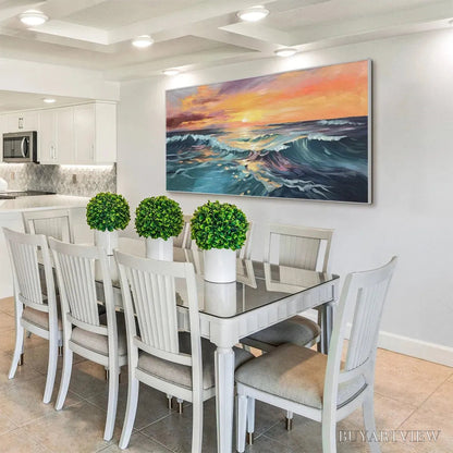 BUYARTVIEW Ocean'S Embrace – Panoramic Ocean Sunset Painting in Teal and Orange - image 4