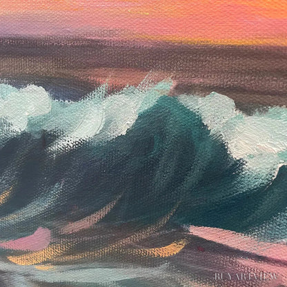 BUYARTVIEW Ocean'S Embrace – Panoramic Ocean Sunset Painting in Teal and Orange - image 5