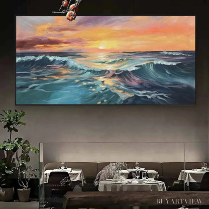 BUYARTVIEW Ocean'S Embrace – Panoramic Ocean Sunset Painting in Teal and Orange - image 6