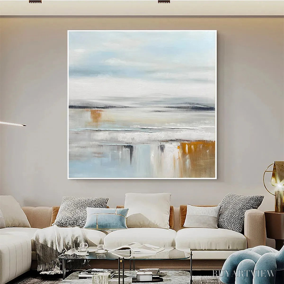 BUYARTVIEW Coastal Serenity – Abstract Coastal Landscape Painting in Soft Blues and Neutrals - image 6