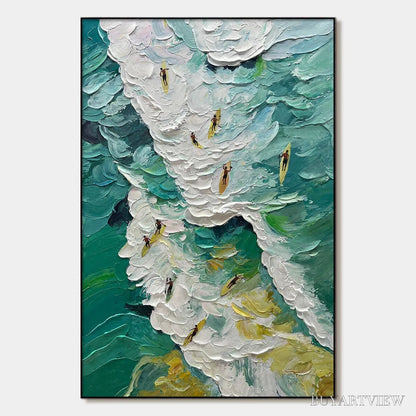 BUYARTVIEW Catching the Wave – Textured Surfers Ocean Scene Oil Painting - image 1