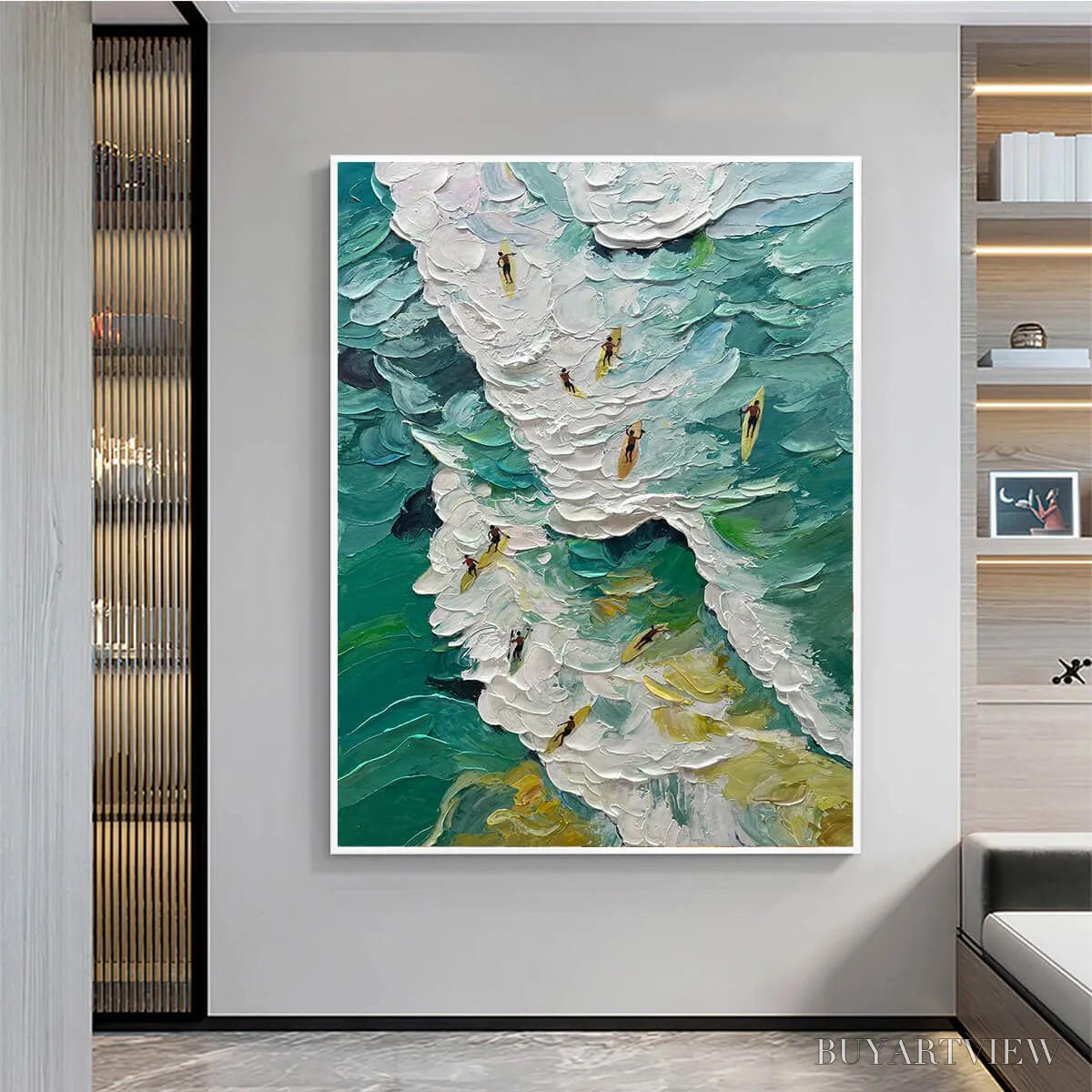 BUYARTVIEW Catching the Wave – Textured Surfers Ocean Scene Oil Painting - image 2