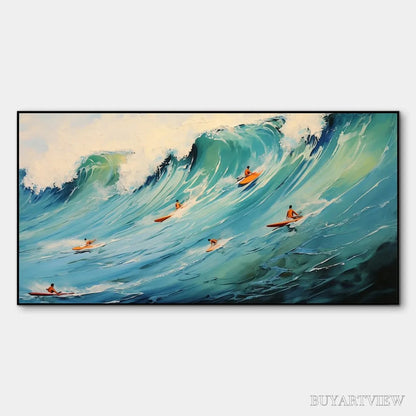 BUYARTVIEW Epic Ride – Panoramic Ocean Painting of Surfers on a Majestic Wave - image 1