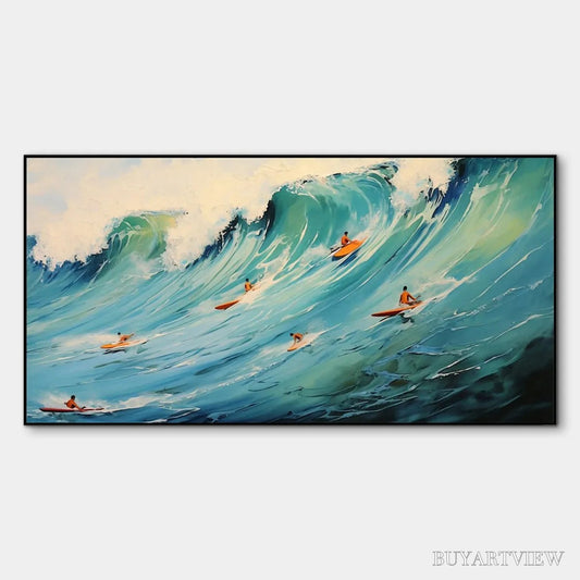 BUYARTVIEW Epic Ride – Panoramic Ocean Painting of Surfers on a Majestic Wave - image 1
