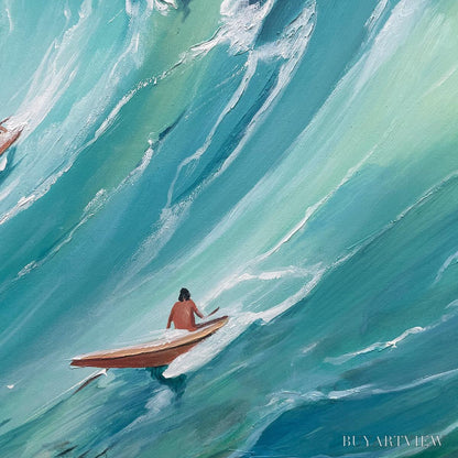 BUYARTVIEW Epic Ride – Panoramic Ocean Painting of Surfers on a Majestic Wave - image 3